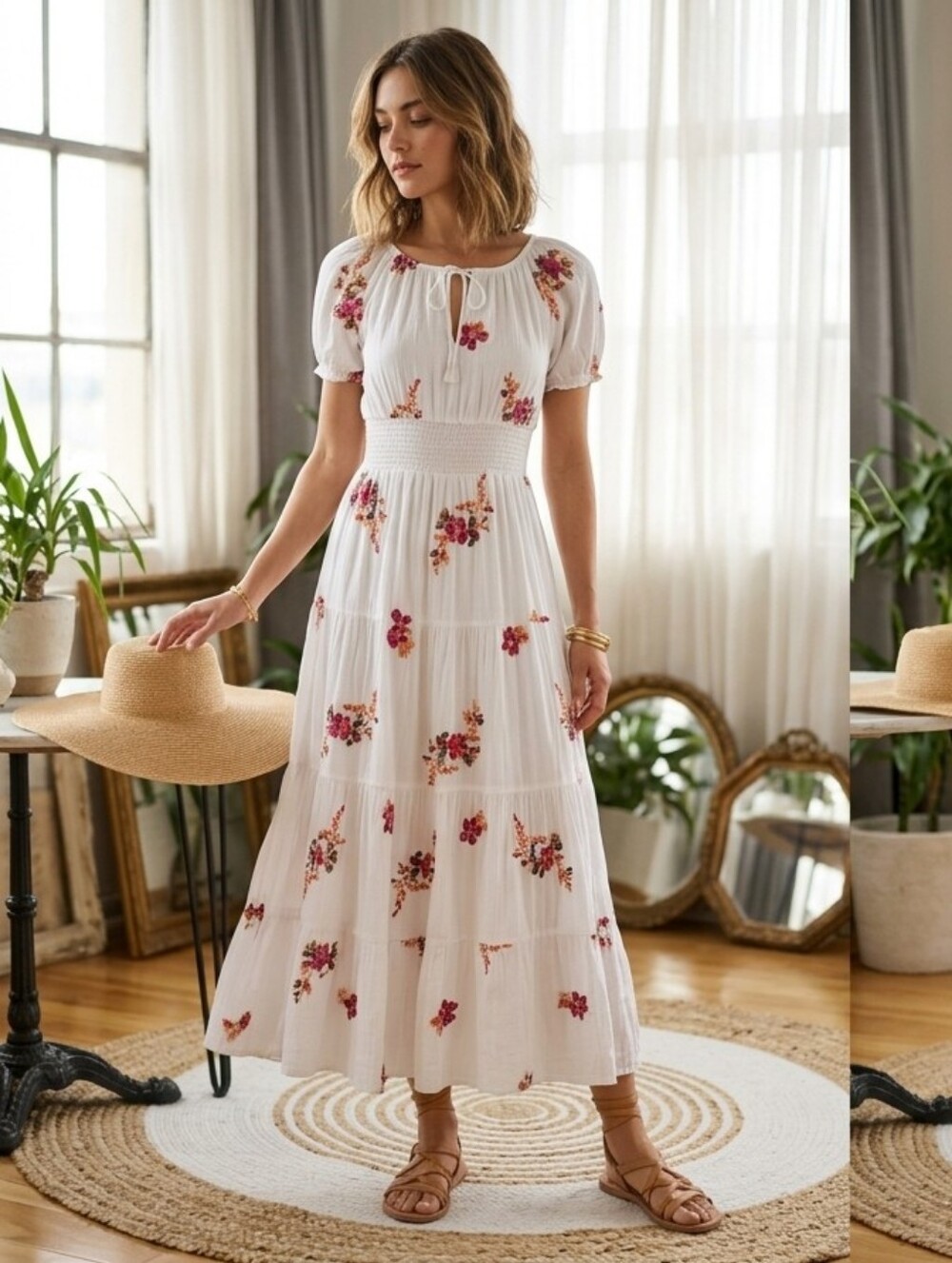 Anthropologie White Floral Embroidery Maxi Dress Cottagecore Boho Chic Summer M